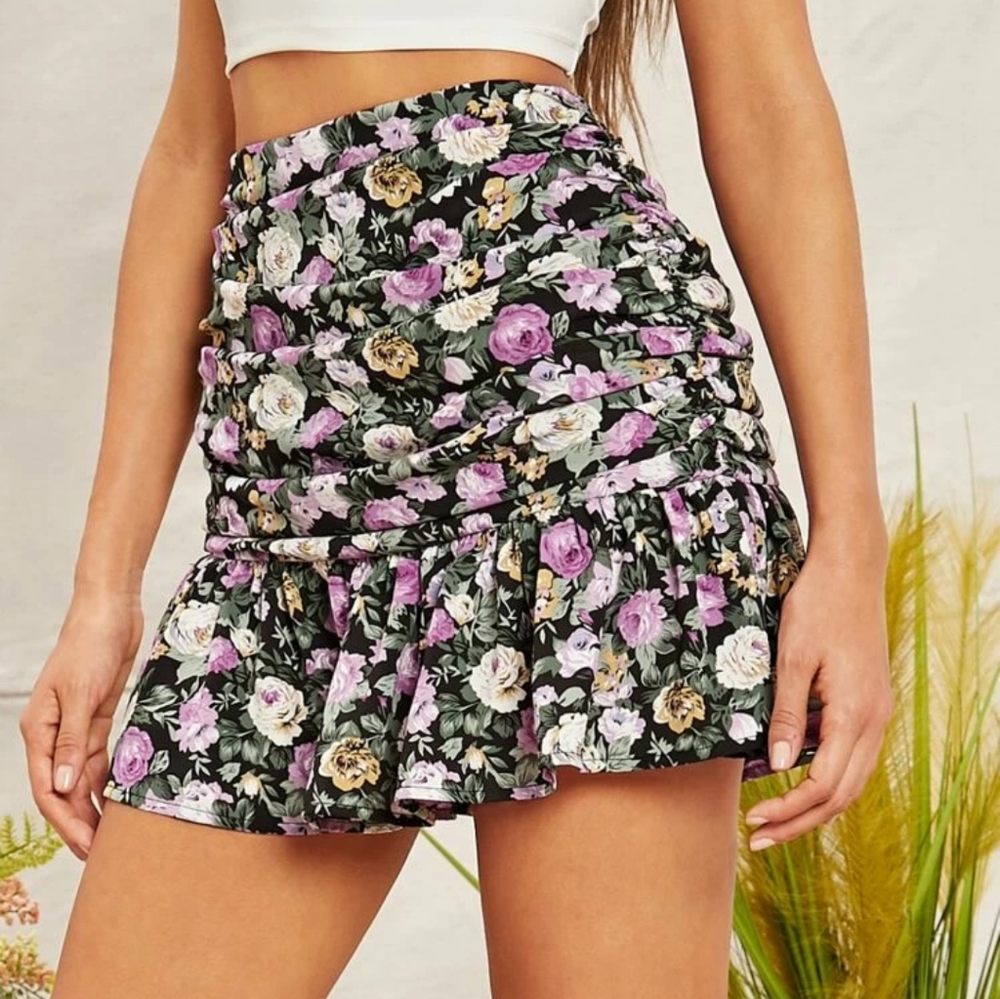 Floral Print Hem Ruched Skirt